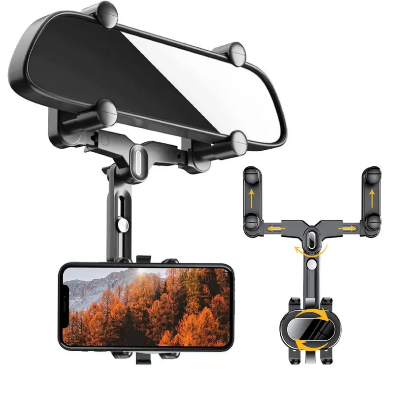 360° Adjustable Car Rearview Mirror Phone Holder – Universal for Phones & GPS