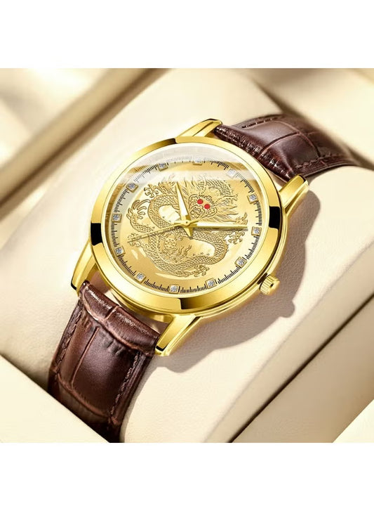 Men's Gold Dragon Dial Quartz Watch With Leather Strap