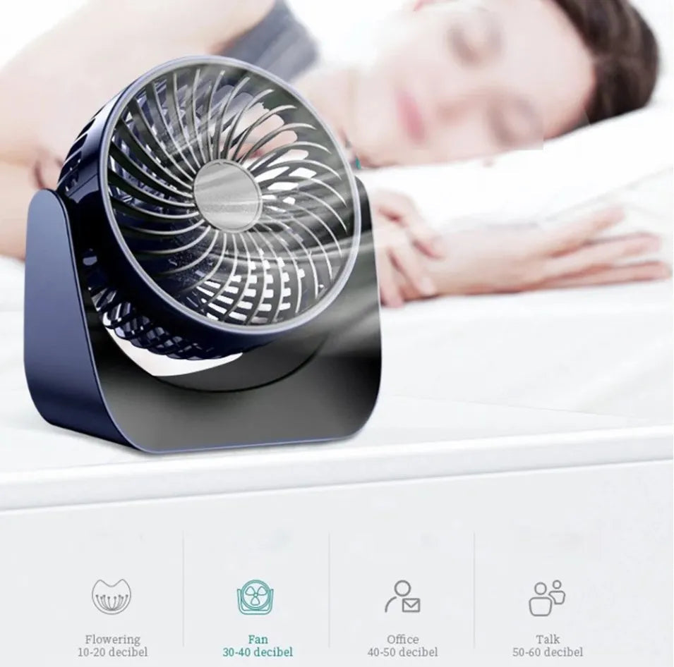 360° Rotate Desktop Fan with Adjustable Speeds – USB & Battery Powered