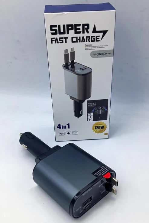 4-in-1 Retractable Fast Car Charger with Dual USB-C Cables