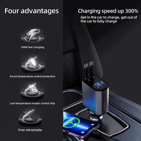 4-in-1 Retractable Fast Car Charger with Dual USB-C Cables