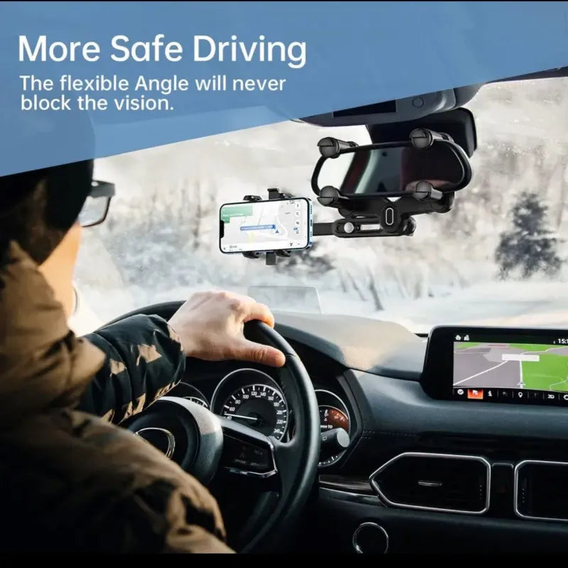 360° Adjustable Car Rearview Mirror Phone Holder – Universal for Phones & GPS