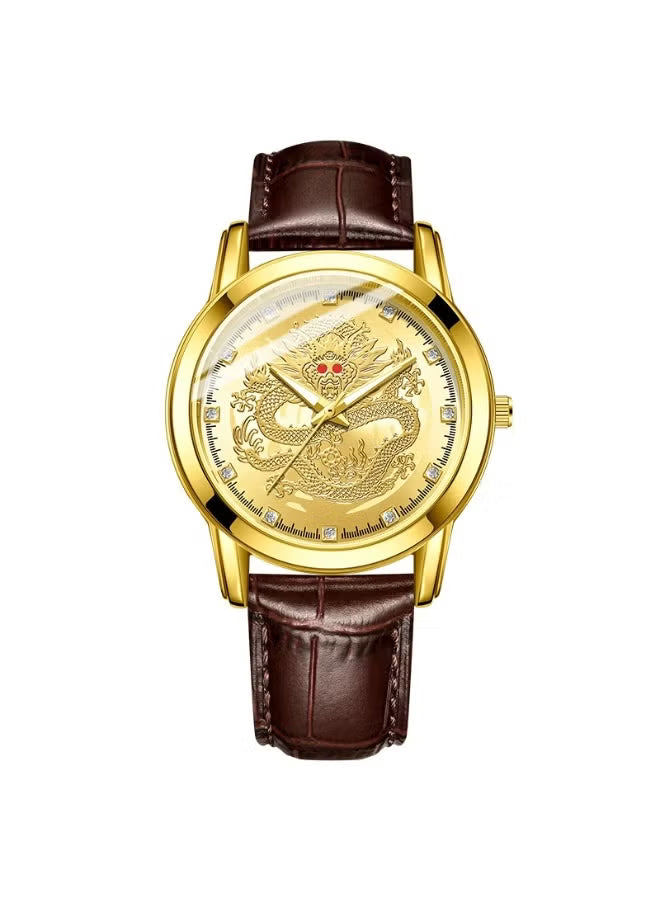 Men's Gold Dragon Dial Quartz Watch With Leather Strap