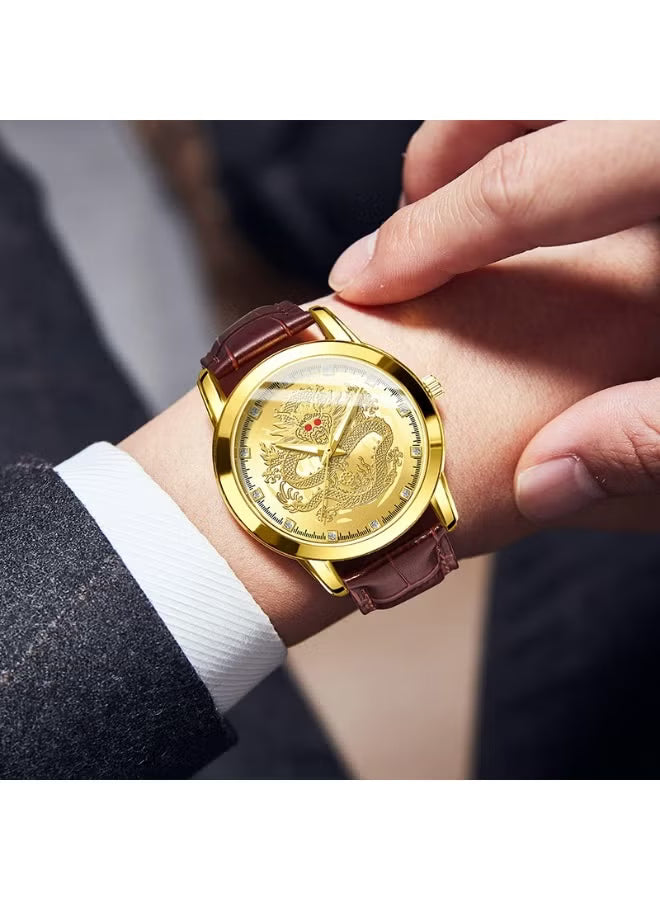 Men's Gold Dragon Dial Quartz Watch With Leather Strap