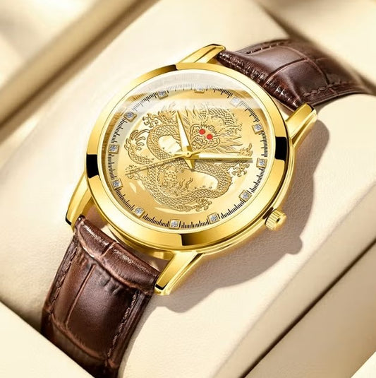 Men's Gold Dragon Dial Quartz Watch With Leather Strap