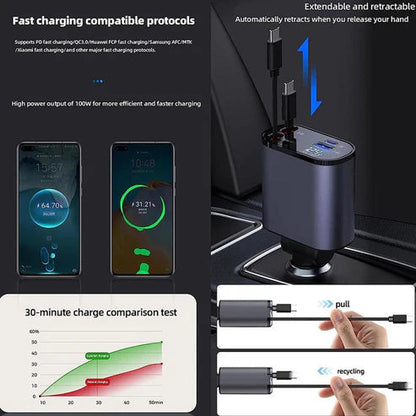 4-in-1 Retractable Fast Car Charger with Dual USB-C Cables