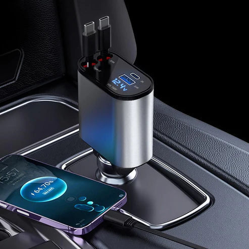 4-in-1 Retractable Fast Car Charger with Dual USB-C Cables