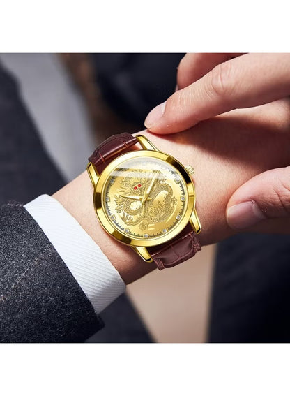 Men's Gold Dragon Dial Quartz Watch With Leather Strap